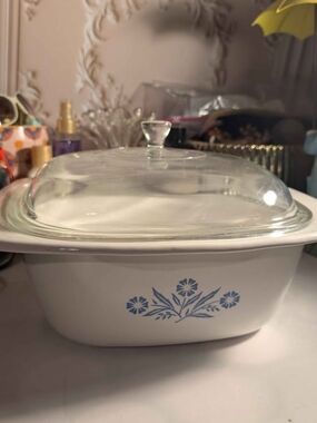 Corningware White Casserole with Blue Floral Pattern and Glass Lid